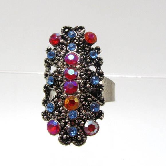 Red & blue rhinestone cocktail ring size 8 - 9 NEW - Picture 3 of 12